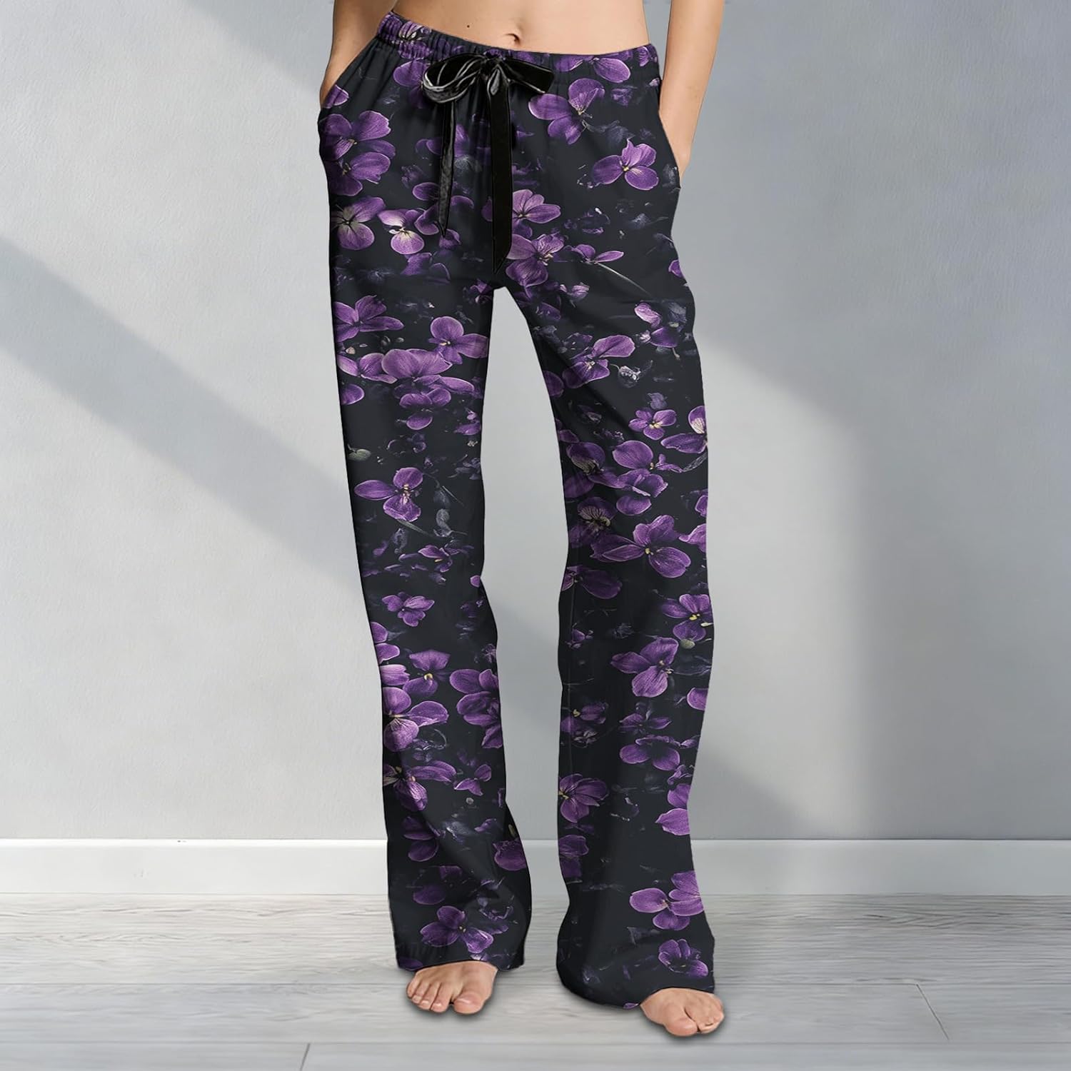 Women Floral Wide Leg Pants Drawstring Elastic Waist Soft Comfy Lounge Pajama Casual Daily Boho Trousers - Image 2