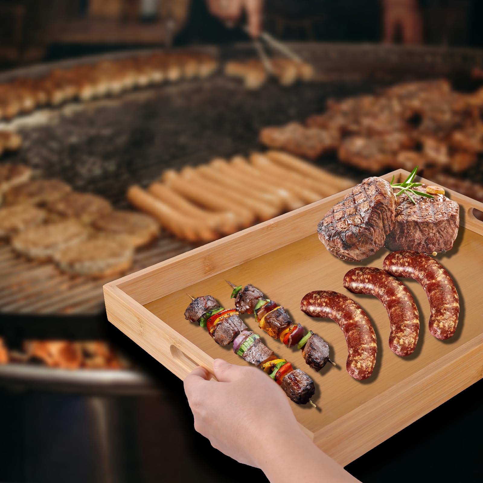 Accesorios de cocina/plancha 3 en 1: pinzas de madera, bandeja de madera y cubierta de parrilla de acero inoxidable, adecuado para barbacoa al aire libre, cocina y platos para servir