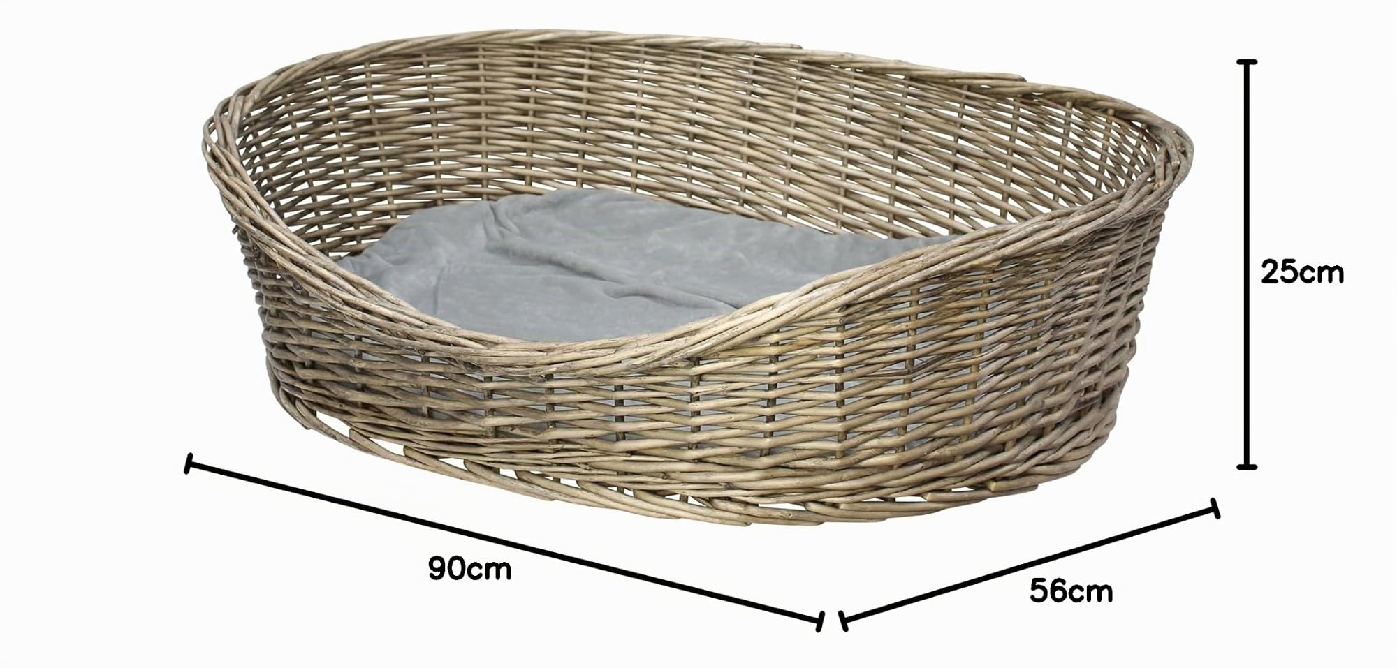 FRANK FLECHTWAREN Hundekorb Grey für Hunde, Vollweide Geflecht Grau Gekalkt, mit Polyester Kissen, Maße 90 x 70 x 25 cm, Liegefläche 76 x 56 cm