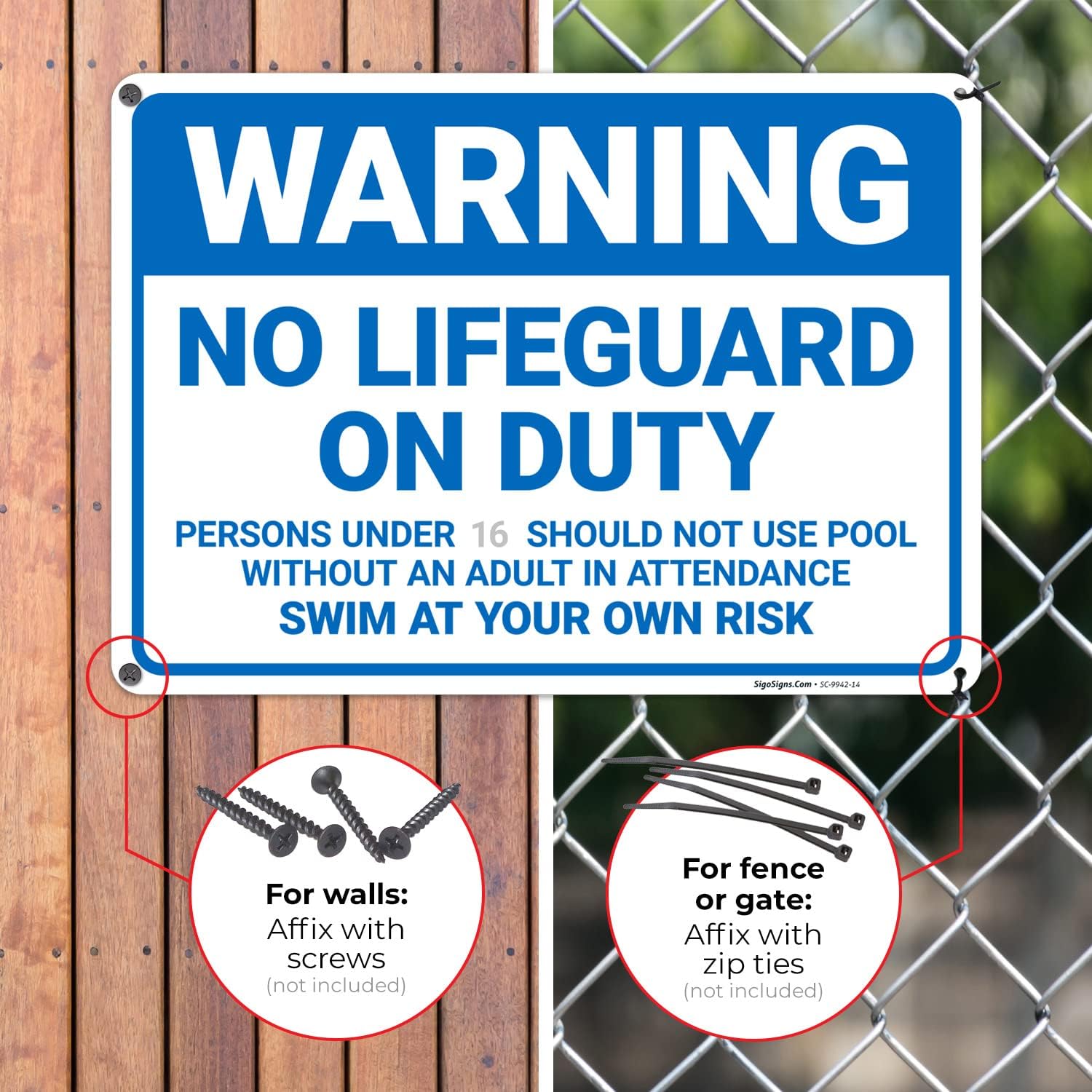 Custom Warning No Lifeguard On Duty Sign, 10x14 Inches, Rust Free .040 Aluminum, Fade Resistant, Made in USA