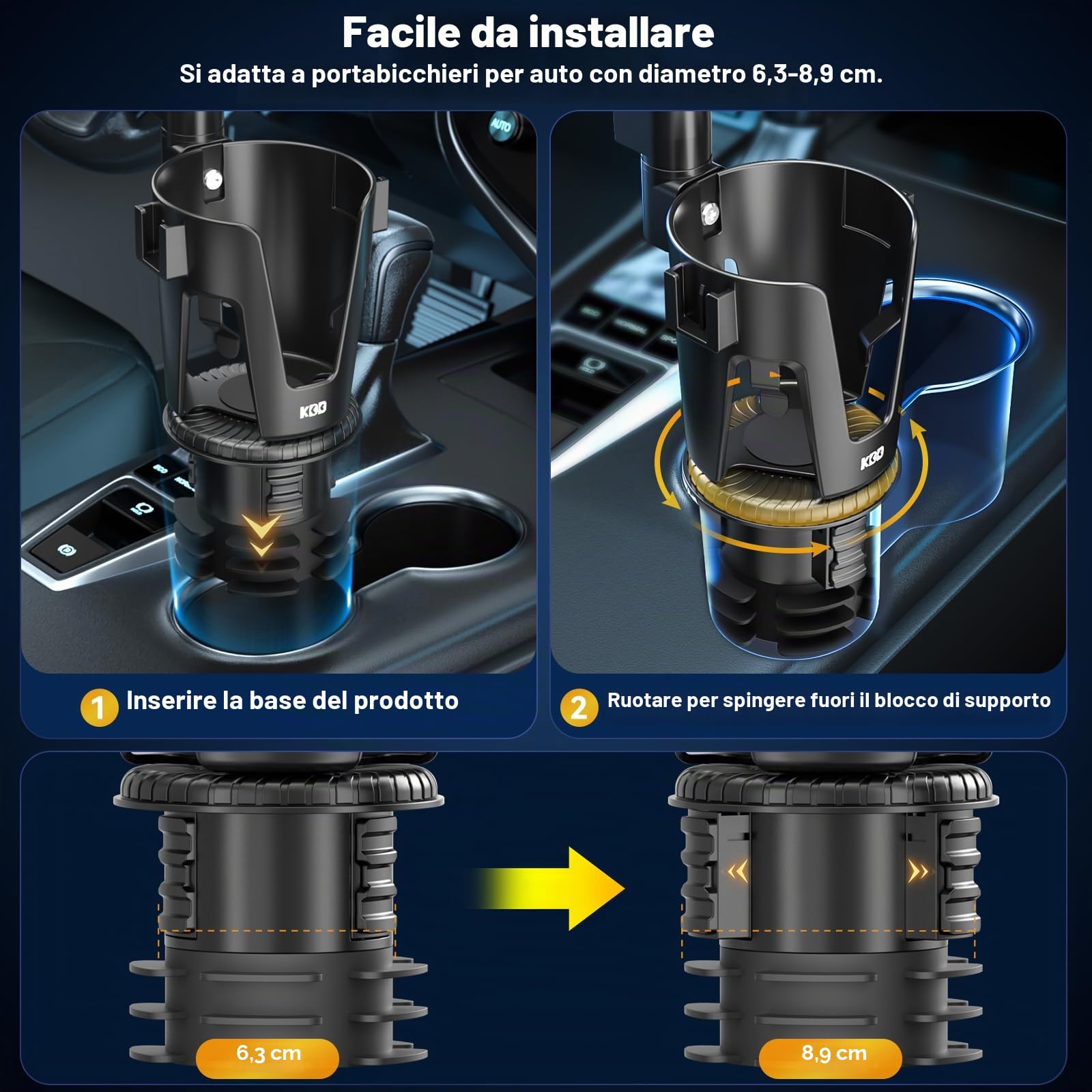 KDD Vassoio Portabicchieri per Auto Multifunzionale - 3 in 1 Vassoio per Alimenti per Auto Staccabile e Base Regolabile, Supporto Telefono e Portabevande a 360° Rotazione per Veicoli Viaggi Nero
