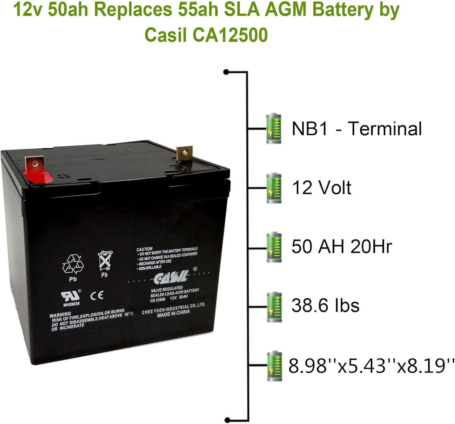Casil 12V 50Ah Replacement Battery Compatible with Pihsiang 109101-89203-50P 2 Pack