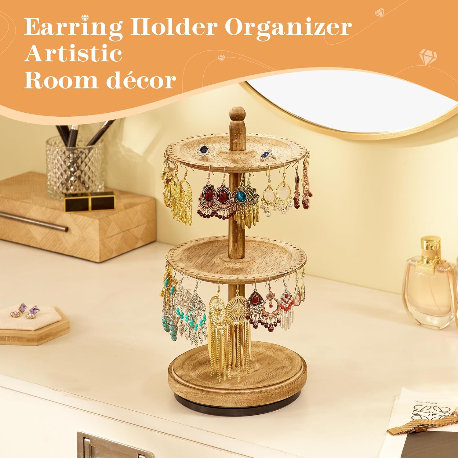 Earring Holder Organizer, Rotating Solid Wood Earring Organizer Stand for Women Girls, 3-Tier Jewelry Holder Organizer With 102 Holes for Display, Gifts for Her (Brown) - Image 3