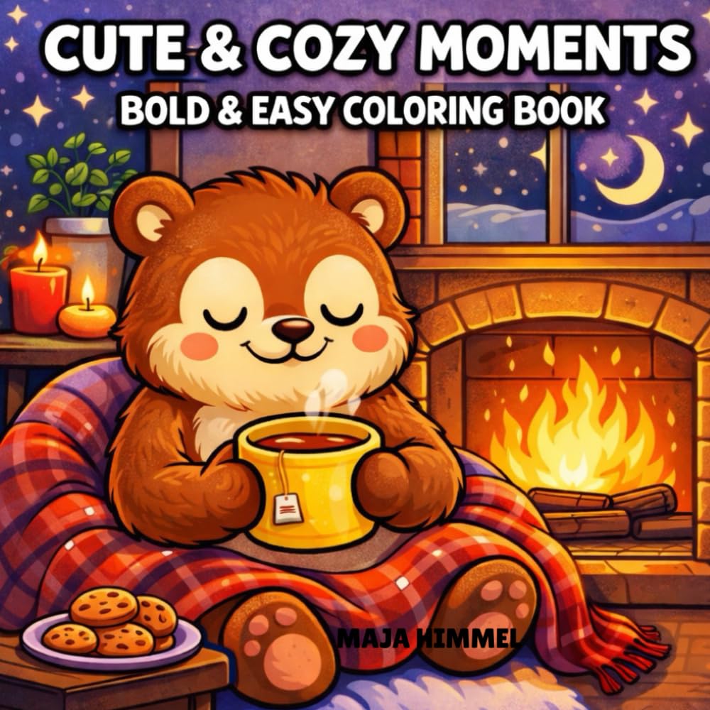 Cute & Cozy Moments Bold & Easy Coloring Book for Kids & Adults: 40 Sweet and Simple Designs for Cozy Creative Time