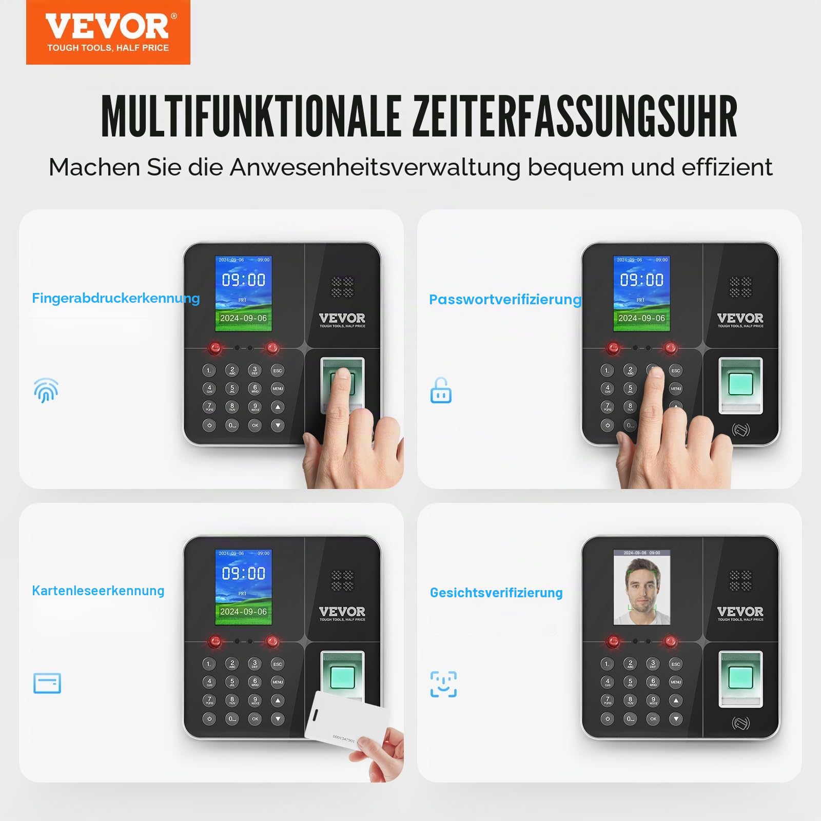 VEVOR F18 Stempeluhr Arbeitszeiterfassungsgerät Fingerabdruck-Stechuhr, Schwarz