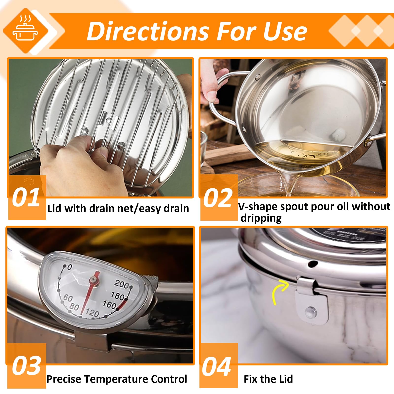 Yuehuam Stainless Steel Deep Fryer Pot, 11 Inch 4. 2L Tempura Frying Pot with Lid and Temperature Control Oil Drip Drainer Rack for Fried Chicken, Shrimp, French Chips dip
