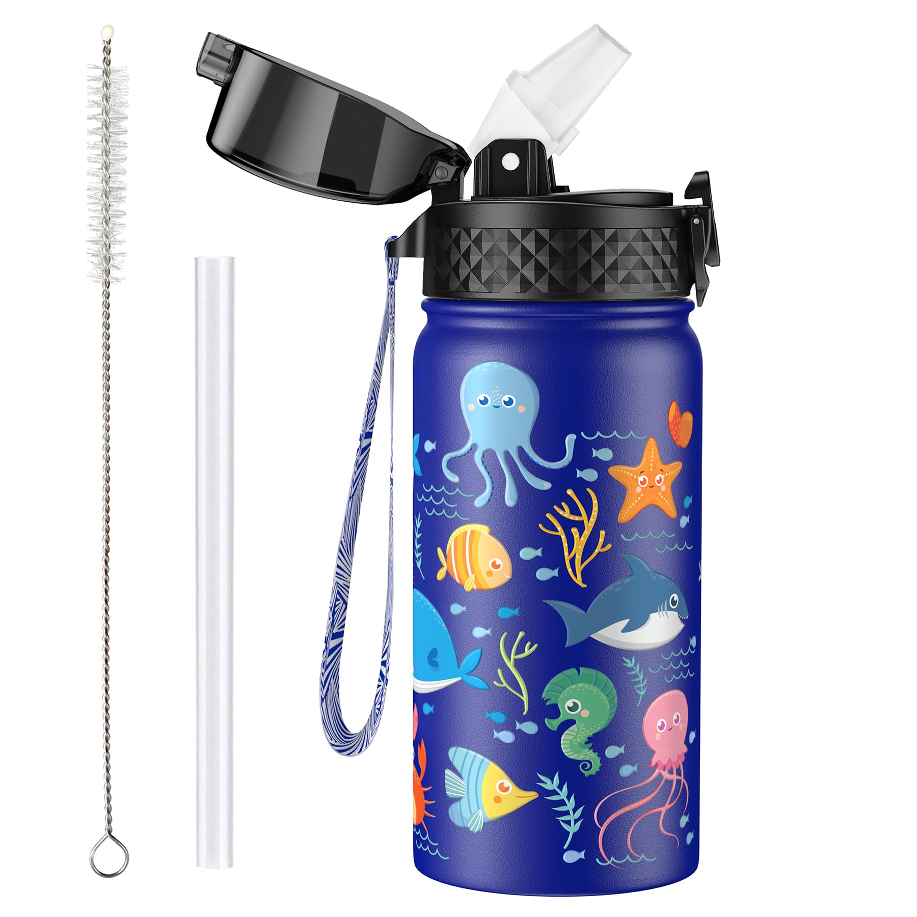 OLDLEY 420ml/14oz Kids Stainless Steel Water Bottle with Straw for School Insulated Metal Water Bottles Leakproof Reusable Double Wall Vacuum Small Flask Keep Drinks Hot Cold for Boys Girls (Sea)