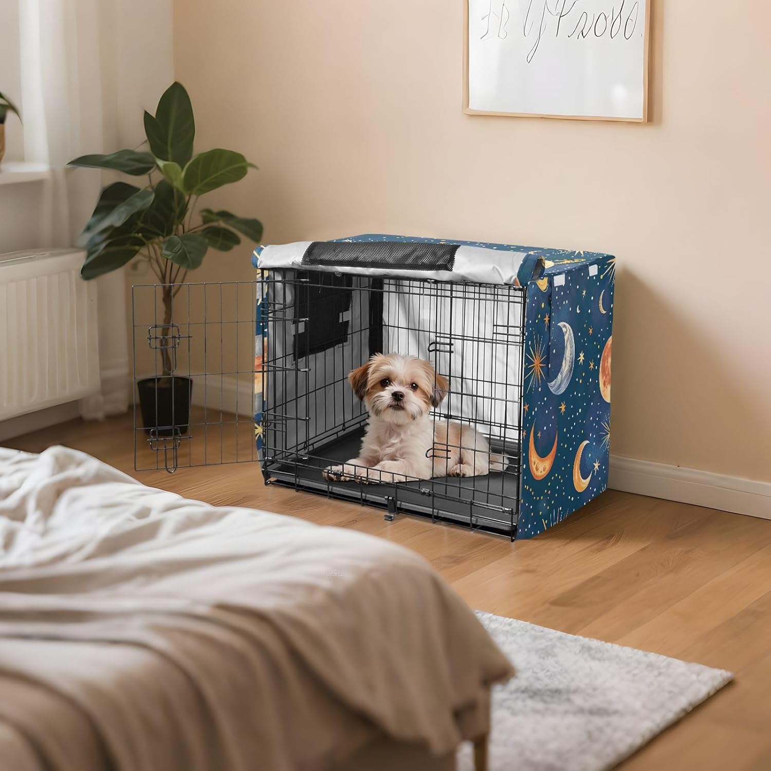 Colorful Stars Moons Planets Blue Pet Kennel Cover with Mesh Windows, Washable Dog Create Cover, Large