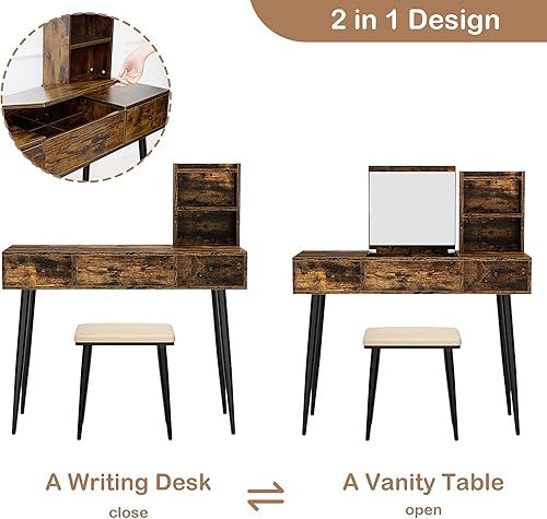 Miniatura 5 de SogesHome Juego de mesa de tocador con tapa abatible, tocador de maquillaje con espejo con 2 cajones y taburete acolchado y 3 estantes de