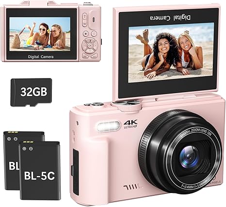 4K Digital Camera, 64MP Compact Vlogging Camera for Photography with WiFi and 3" 180° Flip Screen, 18X Digital Zoom, Ideal for YouTube Creators, Includes 2 Batteries & 32GB Micro SD Card, Pink