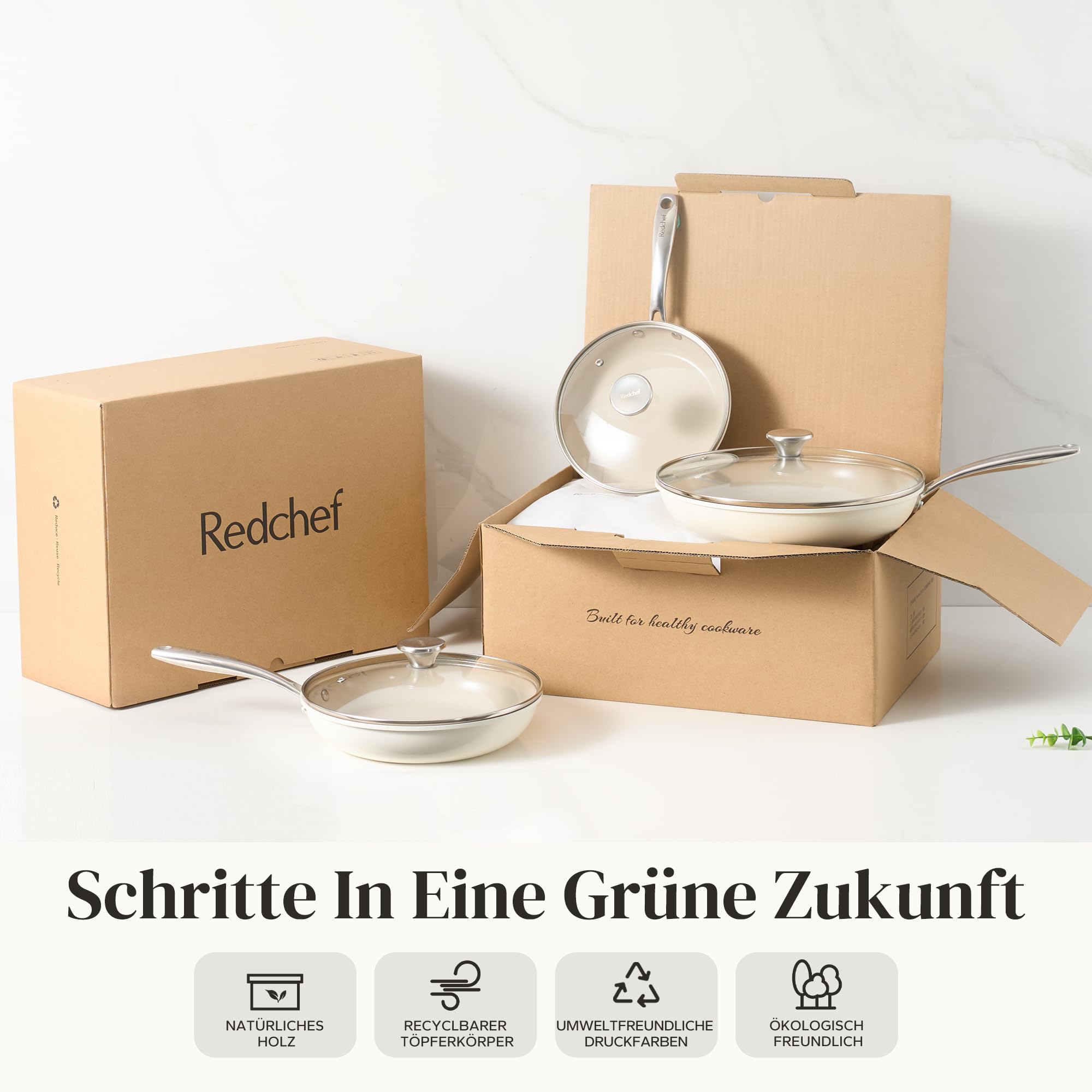 Redchef 6-częściowy zestaw patelni ceramicznych, do kuchenek indukcyjnych, nieprzywierające, 20, 24, 28 cm, z pokrywką, do wszystkich rodzajów kuchenek, uchwyt ze stali nierdzewnej, nie zawiera PTFE