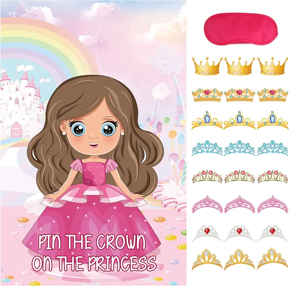 Hooqict Princess Party Accessories Pin The Crown On The Princess Party Games for Kids Girls Birthday Tea Party Pin The Tail Games Princess Party Decorations, Large Princess Poster with 24 Crown