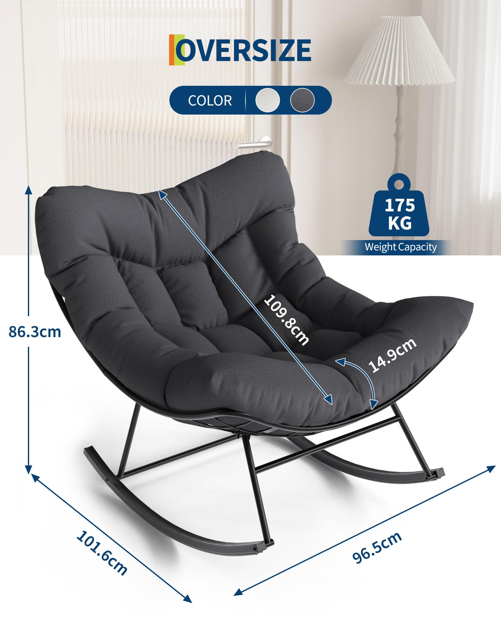 GarveeHome Schaukelstuhl Oversized, Schaukelsessel mit dickem Kissen & Metallrahmen, Relaxsessel für Poolside, Garten und Hinterhof, Tragfähigkeit