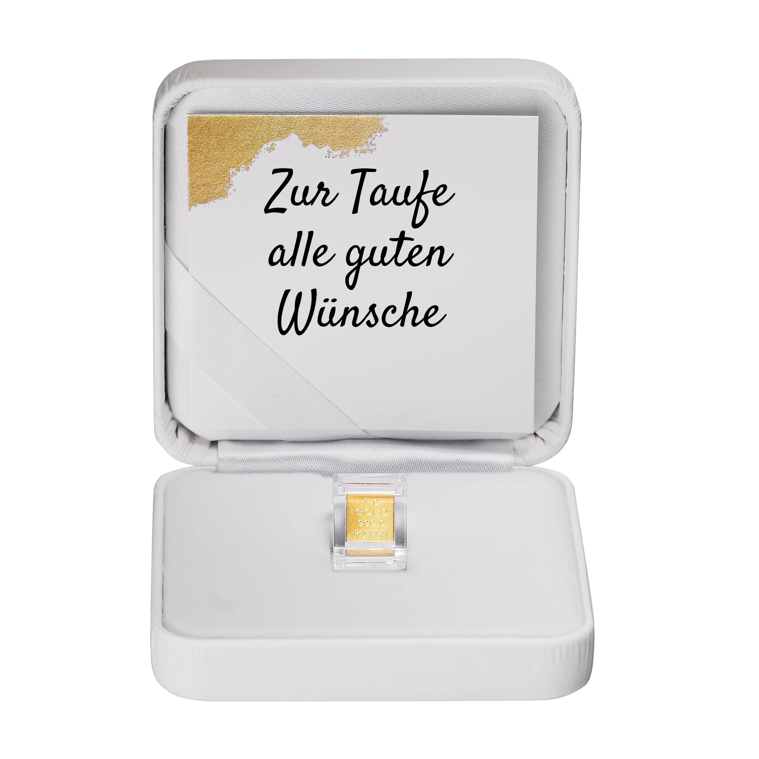 Goldstücke24 - Gold zur Taufe - Goldbarren 1g in hochwertiger Kapsel inkl. Etui, Grußkarte und Echtheitsgarantie - Geschenk zur Taufe