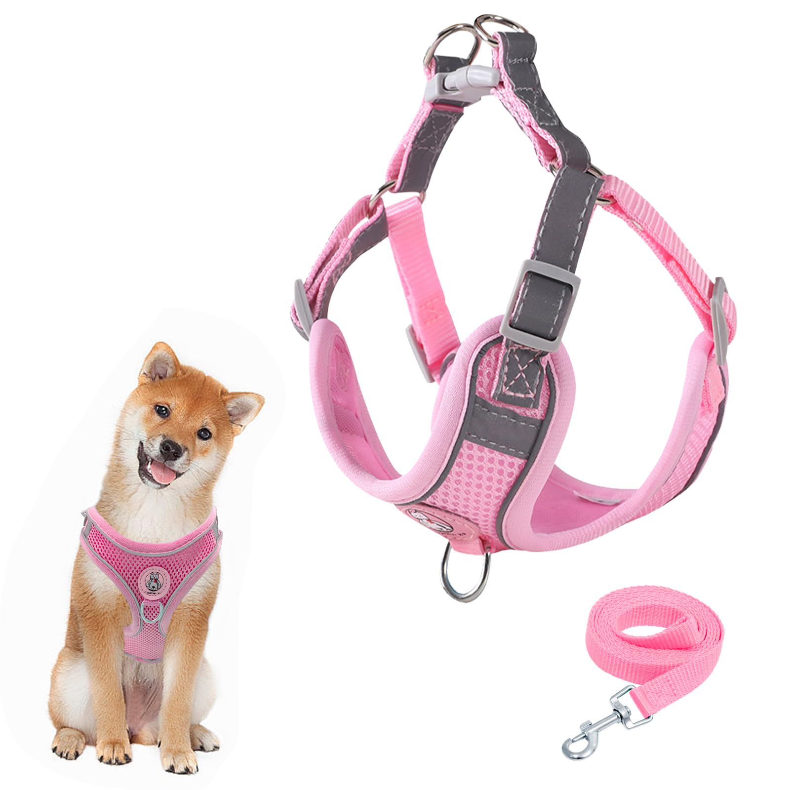 Dog Harness with Dog Lead Set, Air Mesh Breathable Chest Harness for Small, Medium Dogs and Puppies, Soft Padded, Adjustable, Reflective Harness (Pink, M)