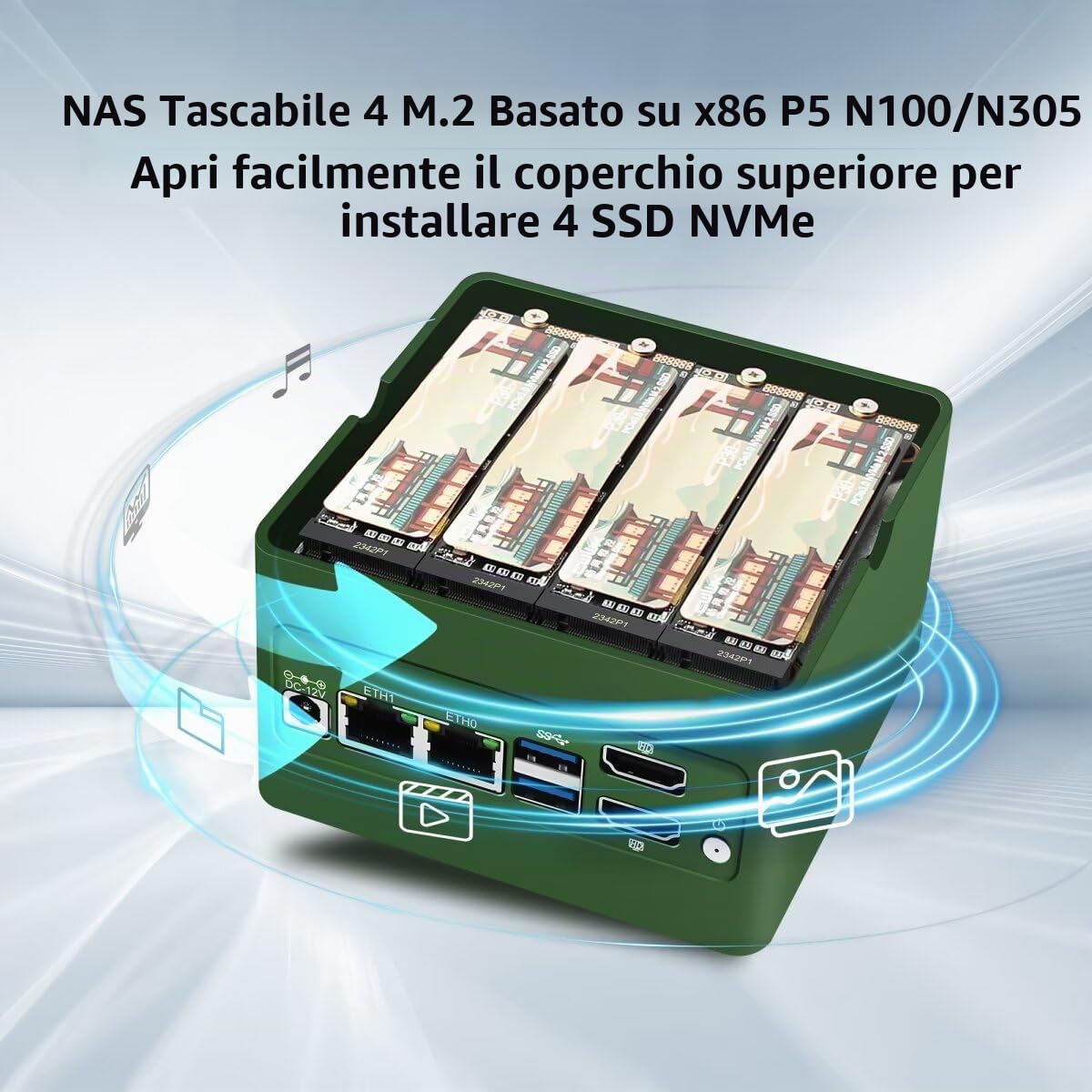 Mini PC NAS N150, 4 NVME Pockert Nas Small PC, Dual 2.5GbE LAN Mirco Desktop Computer 2HD 4K@60HZ, DDR5 Barebone NO RAM NO SSD, USB3.2 10Gbps, Supports expansion WiFi/BT