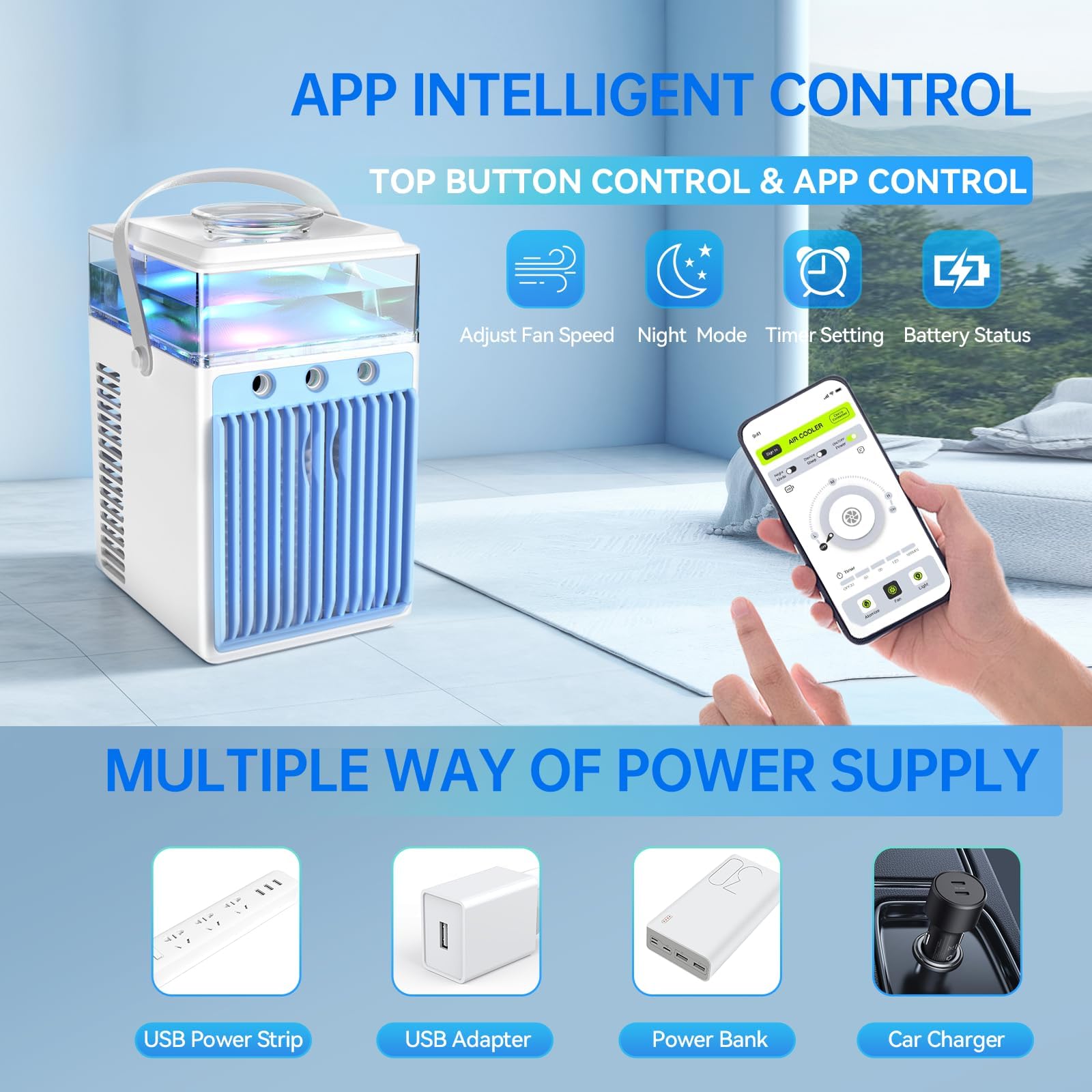 Aire acondicionado portátil, mini ventilador de aire acondicionado 5 en 1 con 3 velocidades, 3 pulverizaciones, control por aplicación y temporizadores, enfriador de aire evaporativo silencioso