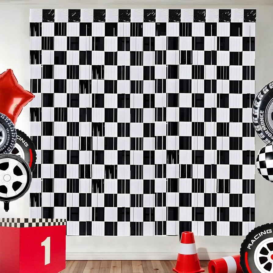 2 Rideaux De Frange à Carreaux Noir Et Blanc Pour Voiture - Décoration Fête Course, Anniversaire, Baby Shower - 10