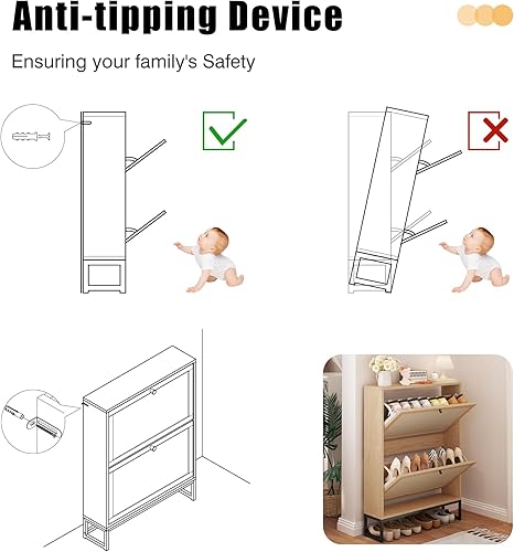 Vista 14 de Armario estrecho de almacenamiento de zapatos con 3 cajones abatibles, armario de madera para zapatos con cajón de puertas de lino, organizador