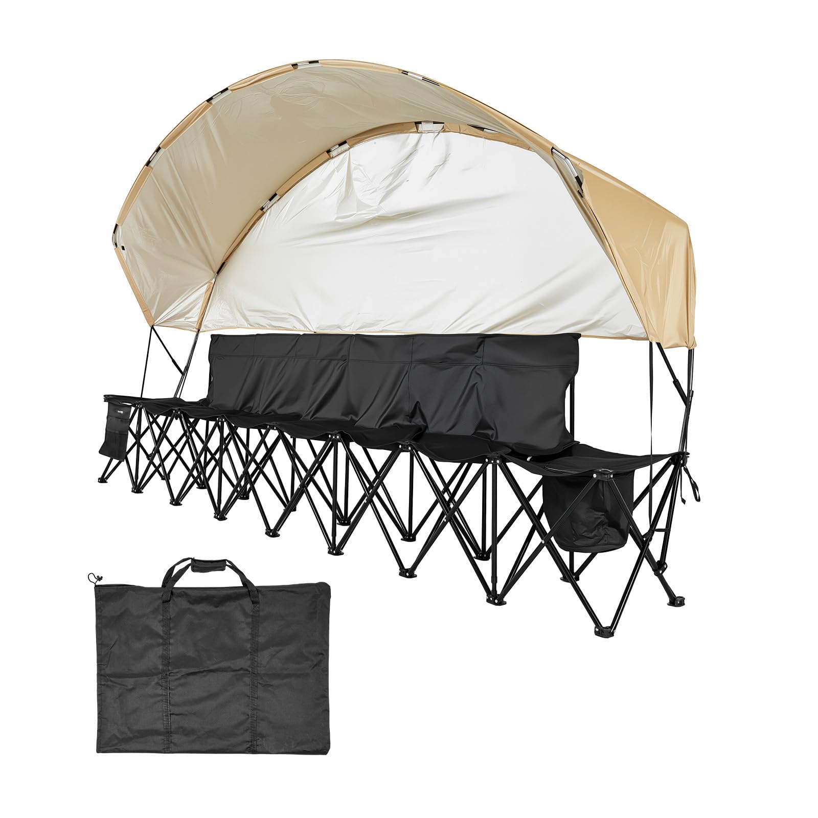 VEVOR Banc Pliant Portable à 6 Places, Banc de Camping Pliable avec Poches de Rangement, Porte-gobelets et Sac de Transport, siège latéral léger avec Pare-Soleil pour Football et Baseball, Noir