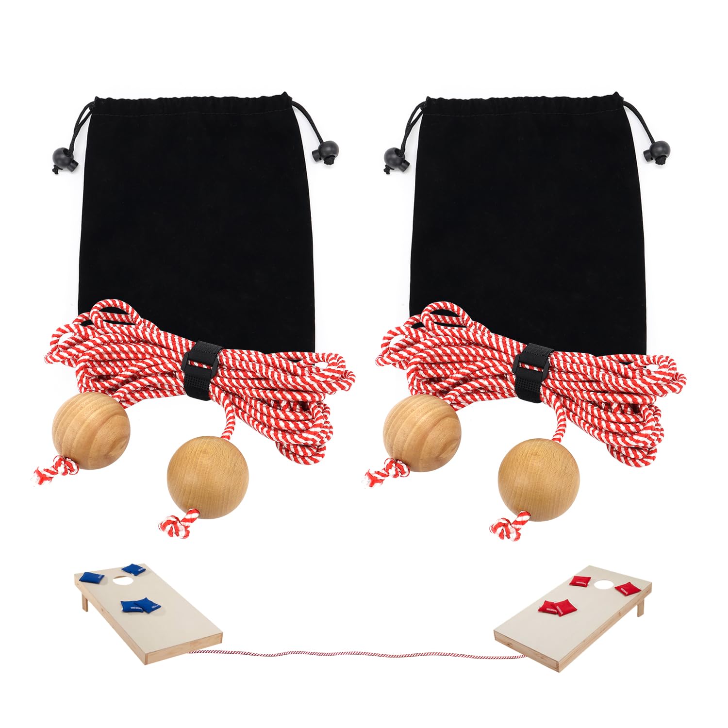 SCOTTCHEN Cornhole Game Measuring Device Cornhole Boards Distance Setup Tool 1/4in x 9.3 Rope with 2-1/2 in Wood Balls 2 Set