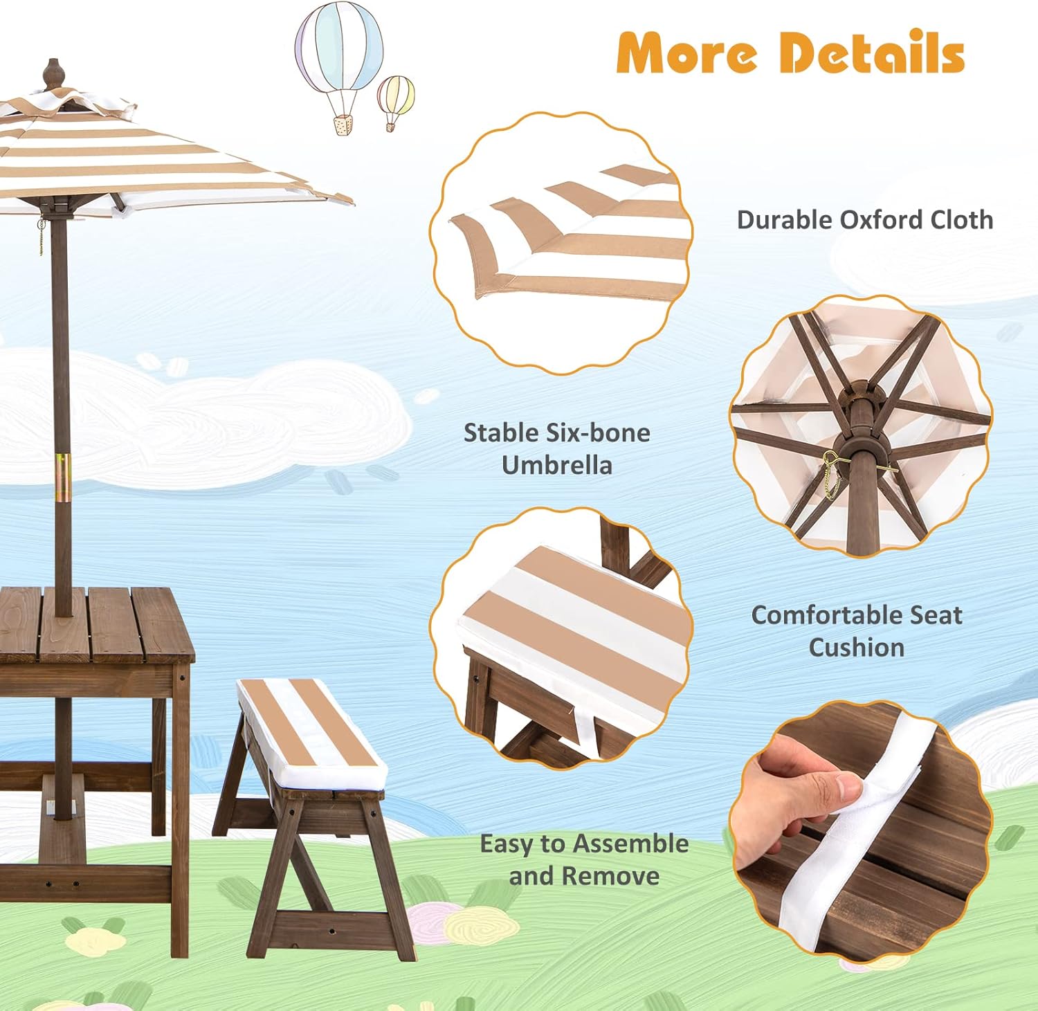 MAT EXPERT Kids Rustic Rectangular Wooden Toddler Picnic Table & Benches w/Cushions & Brown Fabric, Children Backyard Furniture w/Height Adjustable Umbrella, Kids Outdoor Table for Patio Garden