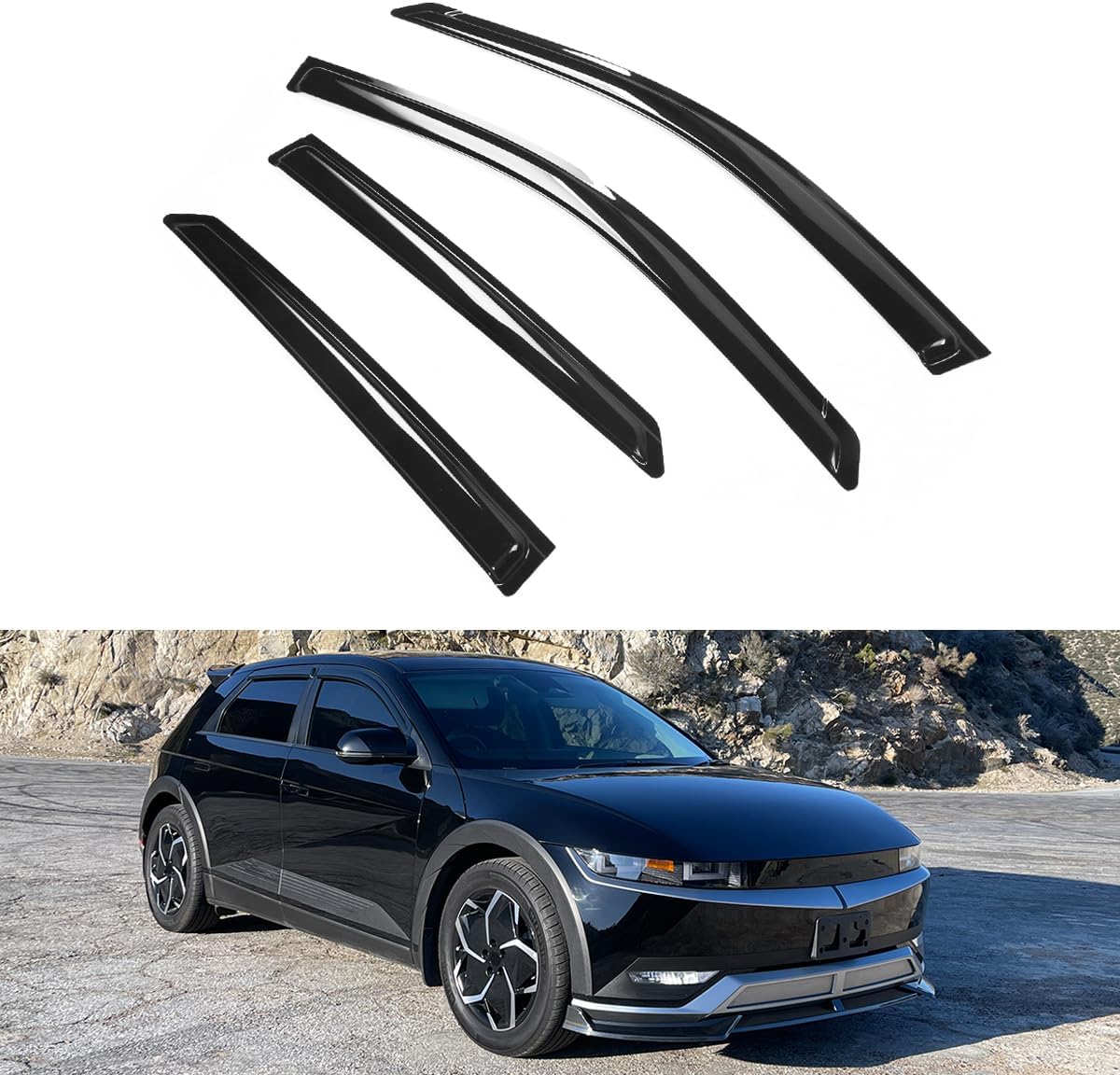 Side Window Deflectors, Compatible with 2022-2024 Hyundai Ioniq 5 4DR & 2025 Hyundai Ioniq 5 N, Tape-On Slim Style Black Acrylic, 4PCS, Window Rain Shields