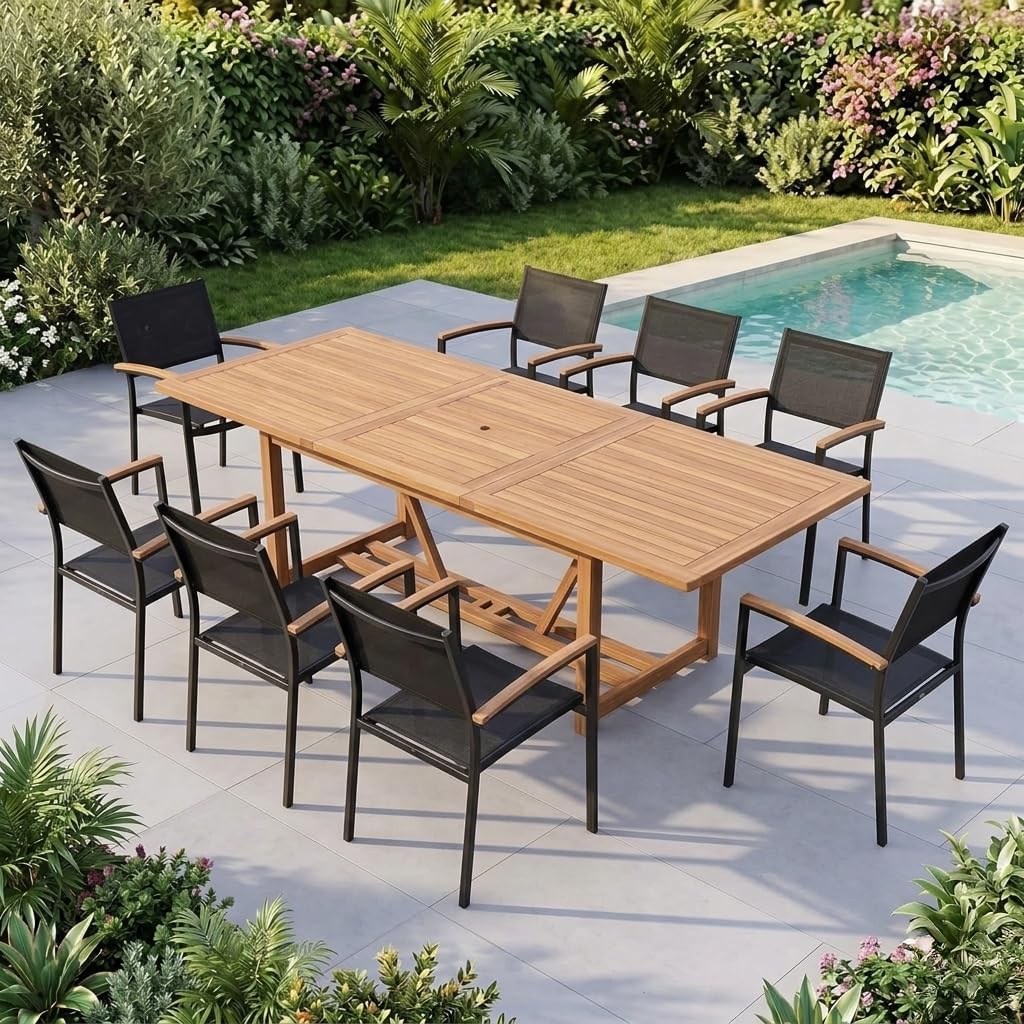 Amazonia Trentino 9 Piece Extendable Patio Dining Set | Teak Finish Table and Sling Black Chairs| Durable, Quick Dry Ideal for Outdoors