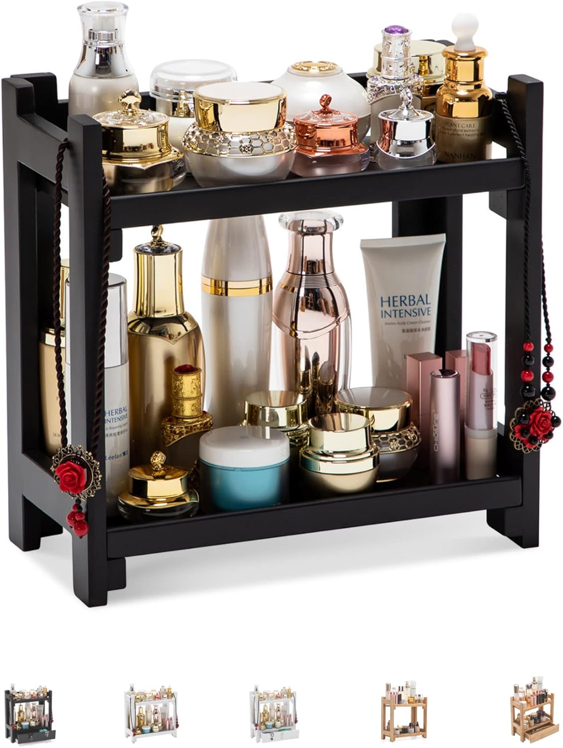 GOBAM Bamboo Makeup Organizer with Drawer, Black Vanity Storage Box, Multi-Purpose Storage for Skincare, Toiletries and Desktop, 2-Tier Countertop Organizer Shelf for Bathroom, Kitchen, Office