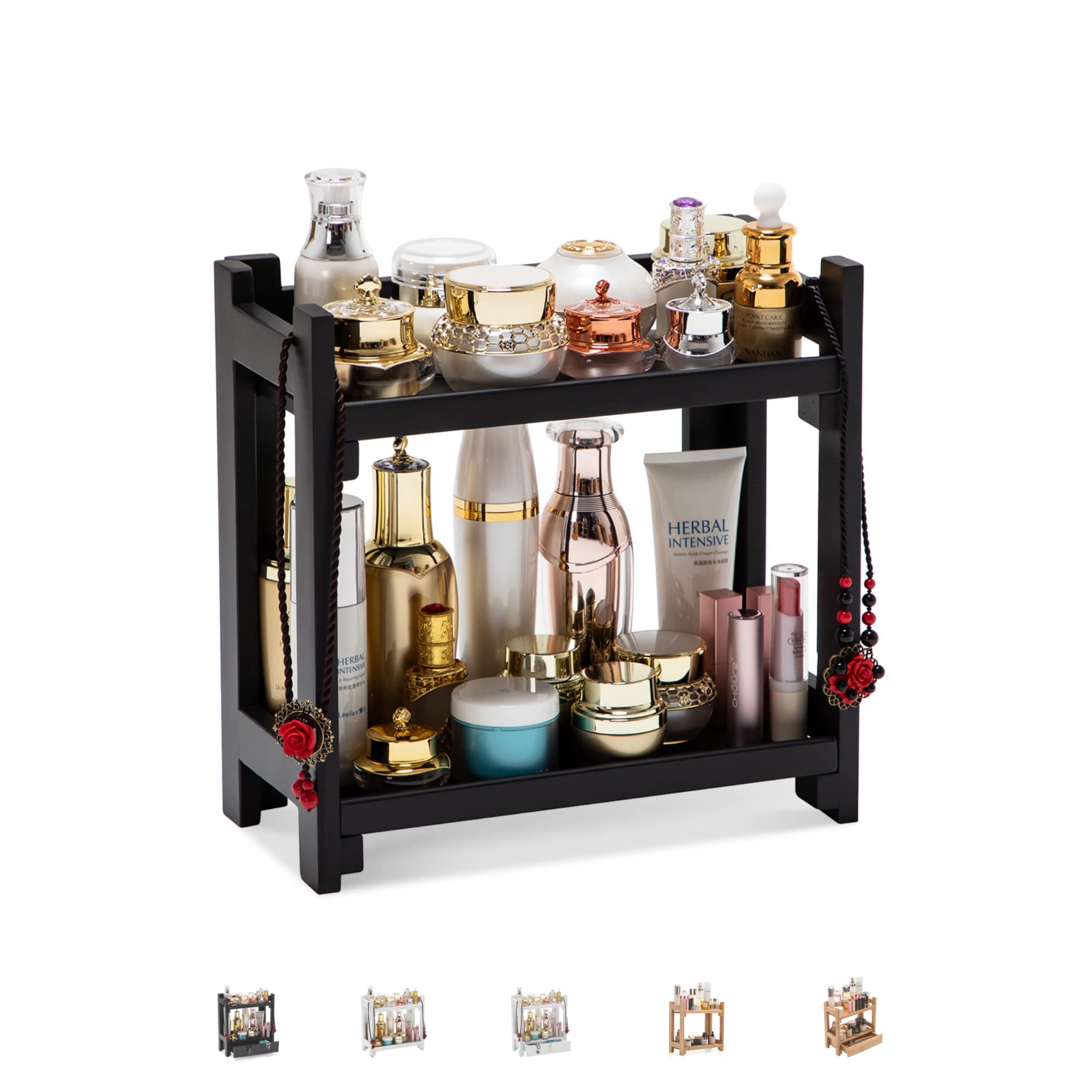GOBAM Bamboo Makeup Organizer, Black Vanity Storage Box, Multi-Purpose Storage for Skincare, Toiletries and Desktop, 2-Tier Cosmetic Organizer Shelf