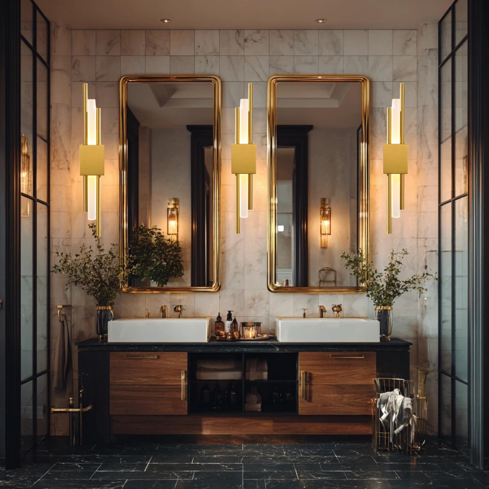 2 Stück Moderne LED Wandleuchte Gold,Vertikale Geometrische Metall Wandlampe mit Acrylschirm,Minimalistische Innenbeleuchtung für Schlafzimmer,Wohnzimmer,Flur,8W,48cm,3 Farbtemperatur (2Stk.L&R)