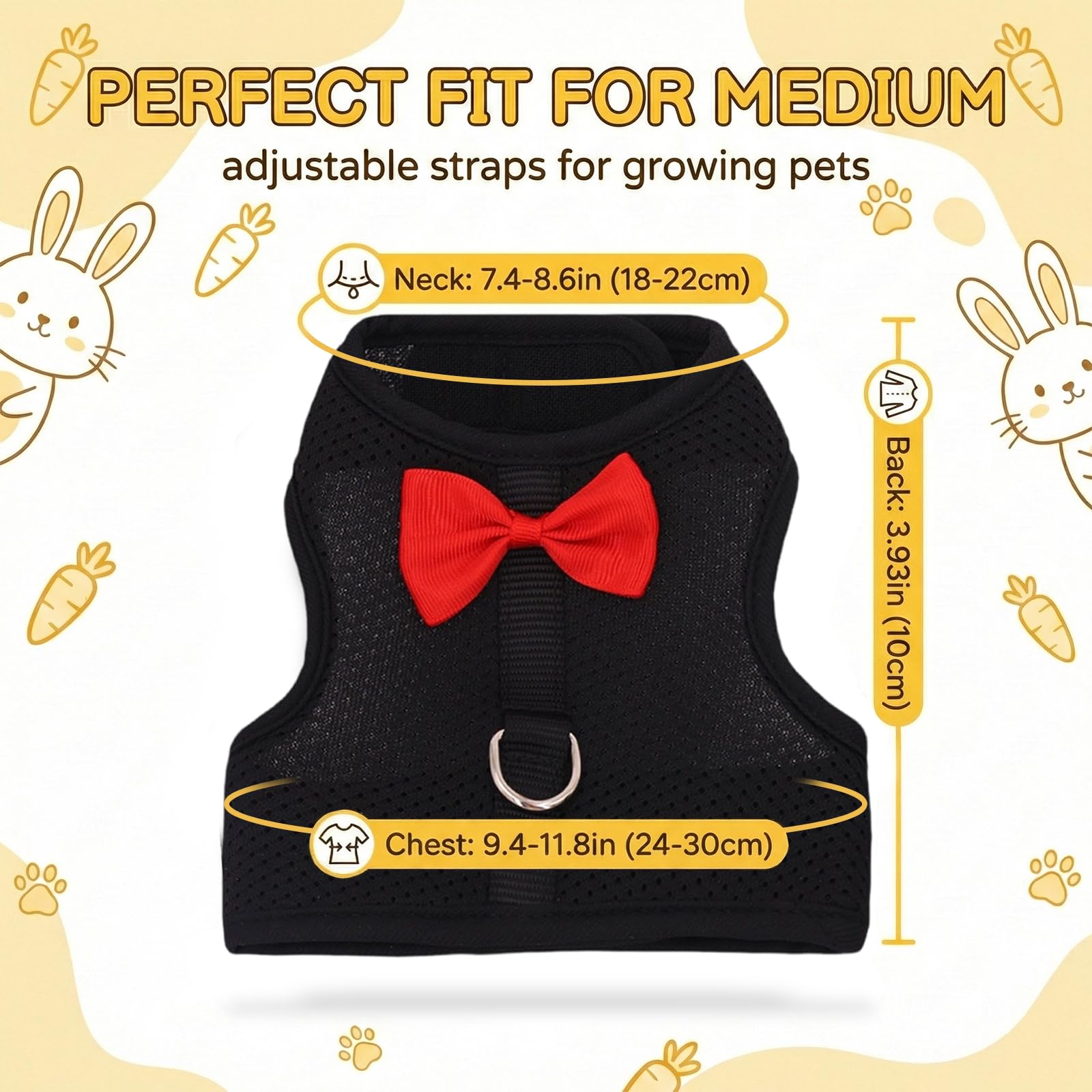 LOMSUXA Guinzaglio Per Coniglio Nano, imbracatura con guinzaglio, Accessori Conigli, Stoviglie Con Guinzaglio, Pettorina Regolabile, pettorina coniglio nano(Nero, M) - 3