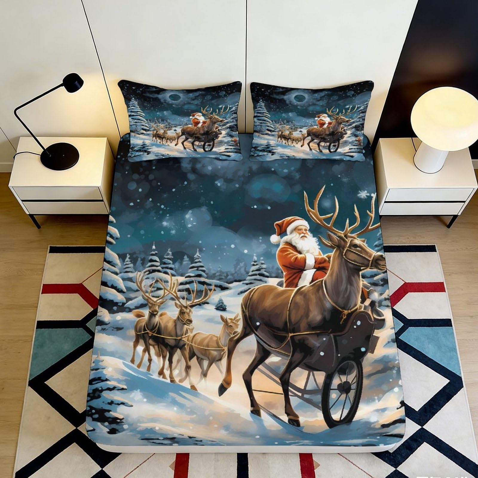 Uxinyoume Style-1 3D Printed Christmas Night Fitted Sheet Microfiber Santa Reindeer Mattress Cover Slip Resistant Dustproof For Bedroom Guestroom 90X200x25cm