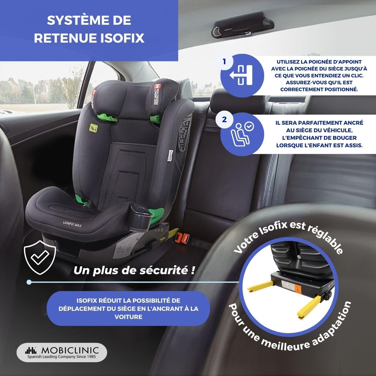 Mobiclinic® kids, Siège auto, I-size, Isofix, Groupe 2/3, 36kg, 4-12 ans, Lionfix max, Évolutif, 100-150cm, Protection latérale, Appui-tête réglable, 3 positions d'inclinaison, Porte-gobelet