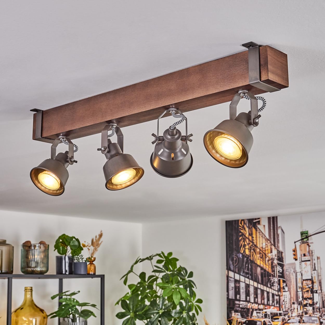 HOFSTEIN Deckenleuchte Pehefito, 4-flammige Deckenlampe aus Metall/Holz in Grau/Dunkelbraun, verstellbare Leuchte im Industrial/Retro/Vintage-Design mit Holzbalken, GU10, Esszimmer, Wohnzimmer, Küche