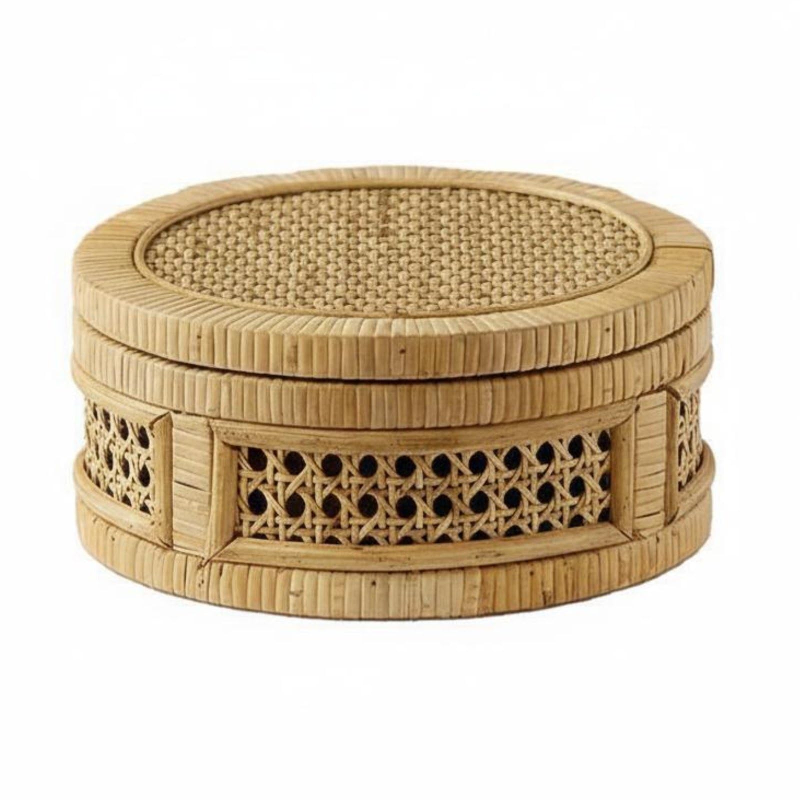Cestino Portatutto Cestino Intrecciato Scatola Rotonda Scatola con Coperchio Organizer per Ordine Domestico Traspirante Artigianale in Rattan, S