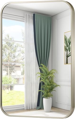 Miniatura 16 de Espejo de baño dorado de 26 x 38 pulgadas, espejo rectangular con marco de metal dorado cepillado con esquina redondeada, espejo de tocador de baño