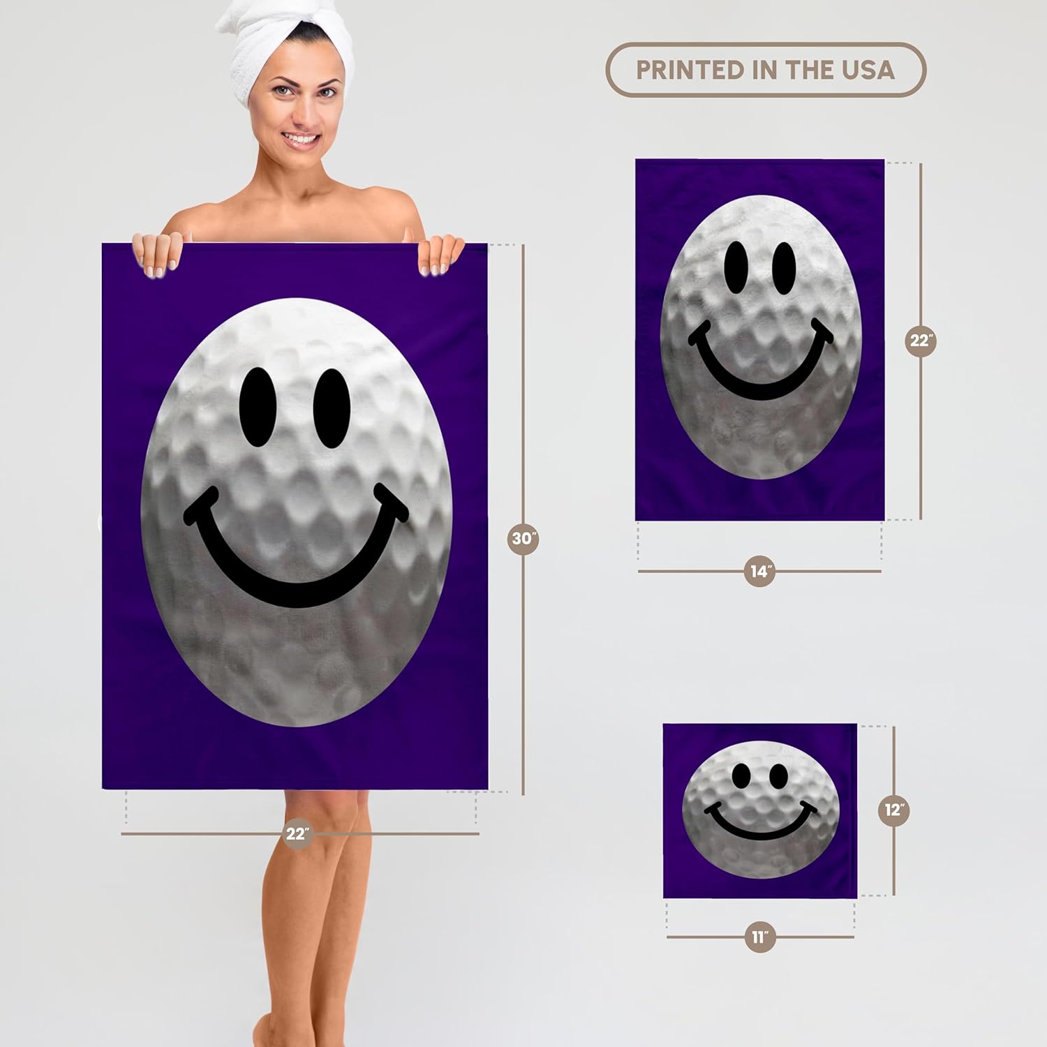3dRose Smiling face Golf Ball - Happy White golfball - Golfer Gift - Smilie on Dark Blue Purple Background 22x30 Bath Hand Pool Towel