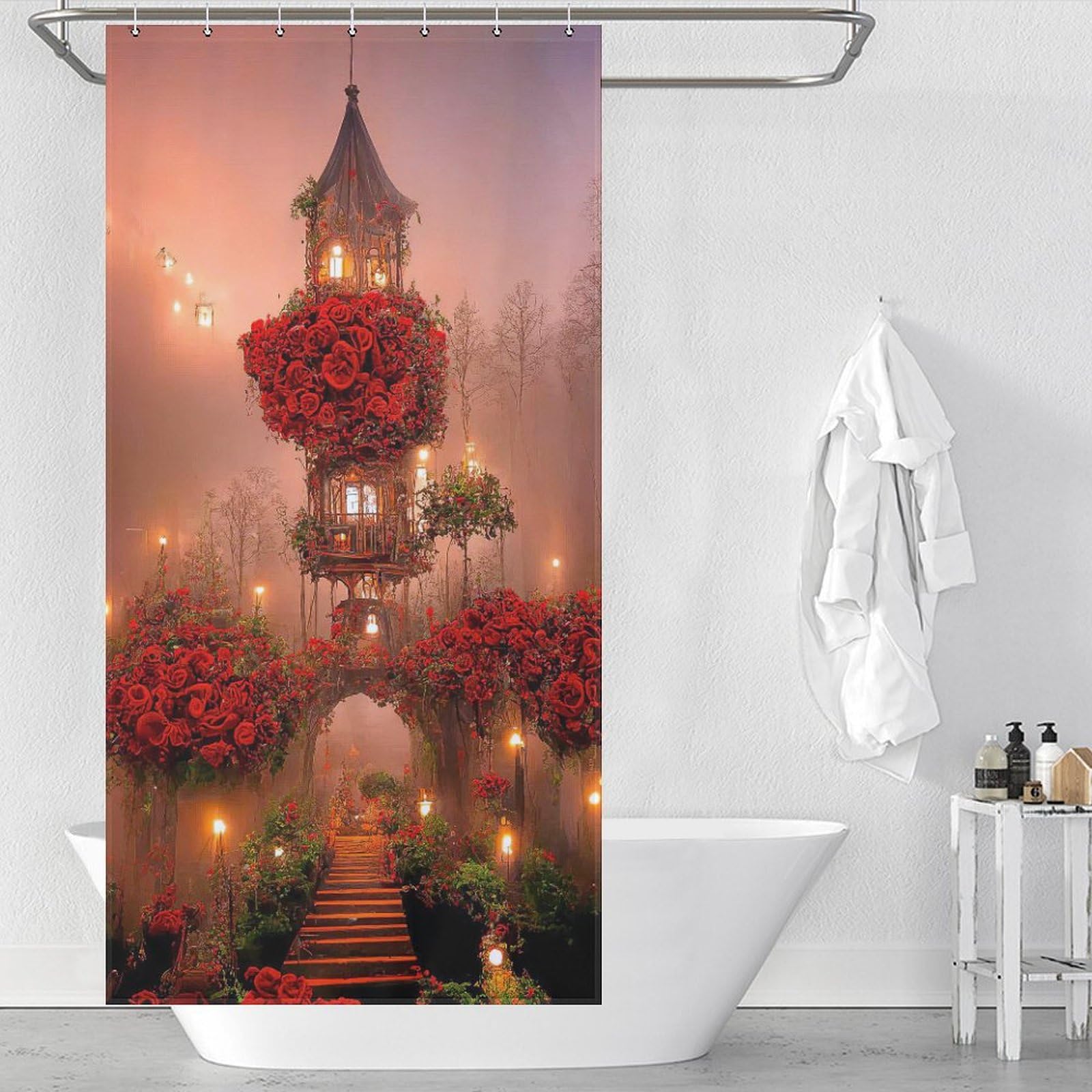 Rose Shower Curtains, Waterproof Shower Curtain Bathroom Curtains, With 12 White Plastic Hooks, 36x72Inch（92x183cm）