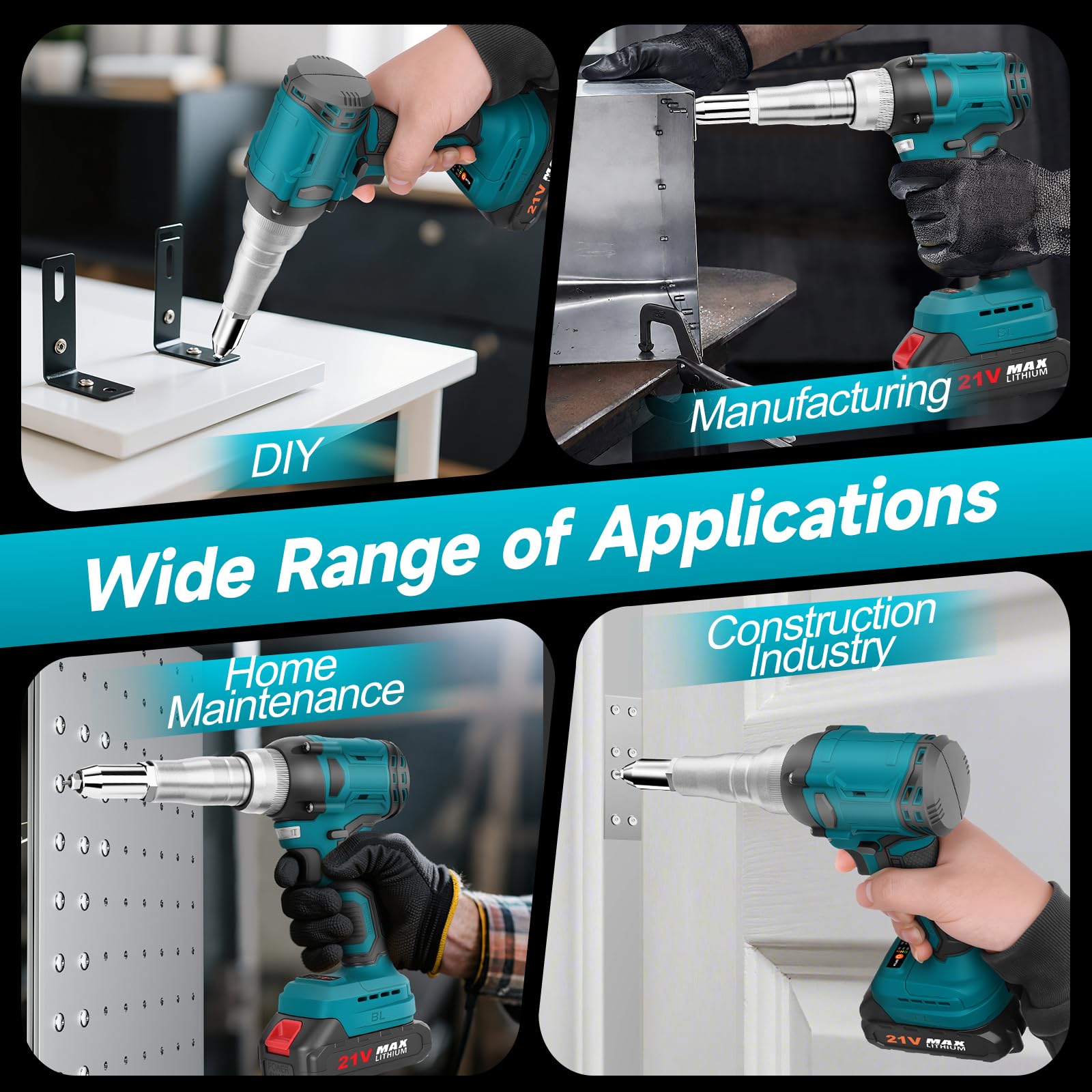 Pince à Riveter sans fil Compatible avec Batterie Makita 18V, 20,000 N Riveteuse Electrique, Pince à Riveter Electrique pour Rivets en Aluminium de 2,4-4,8 mm avec 2 Batteries