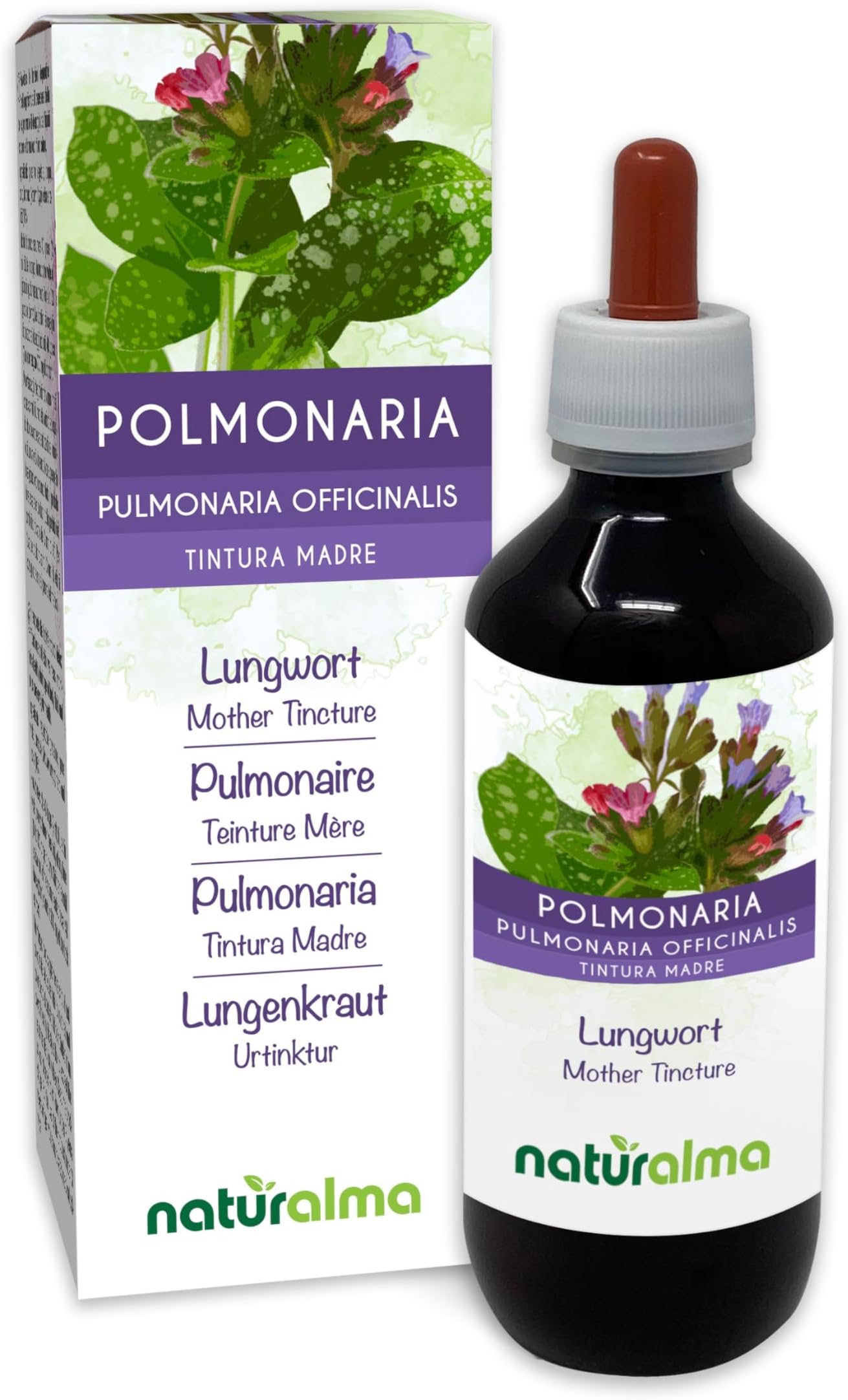 Lungwort (Pulmonaria officinalis) herb with Flowers Alcohol-Free Mother Tincture Naturalma - Liquid Extract Drops 200 ml - Food Supplement - Vegan