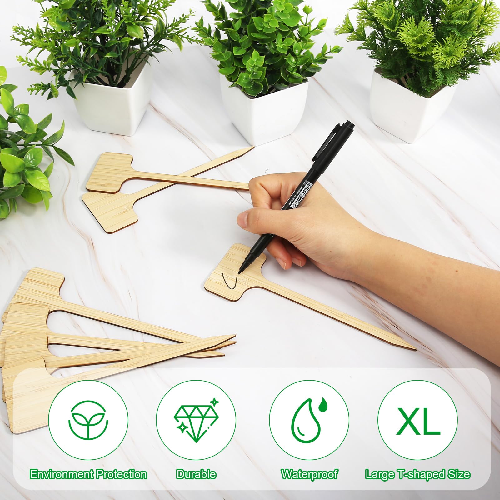 Cartel para plantas de madera con rotulador para plantas, de bambú, extralargo, en forma de T, para verduras, hierbas, flores, (altura: 18 cm x ancho: 6 cm)