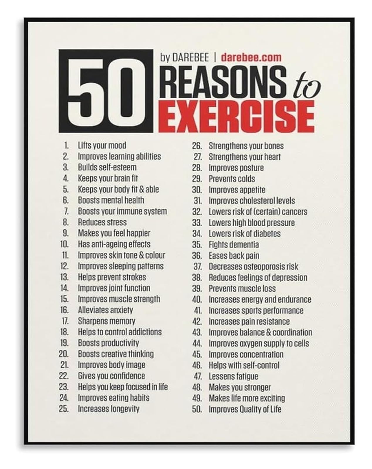 LLBOGRGGN Workout Room Poster 50 Reasons to Exercise Motivational Canvas Wall-Art for Home Gym(Framed,12x18inch(30x45cm))