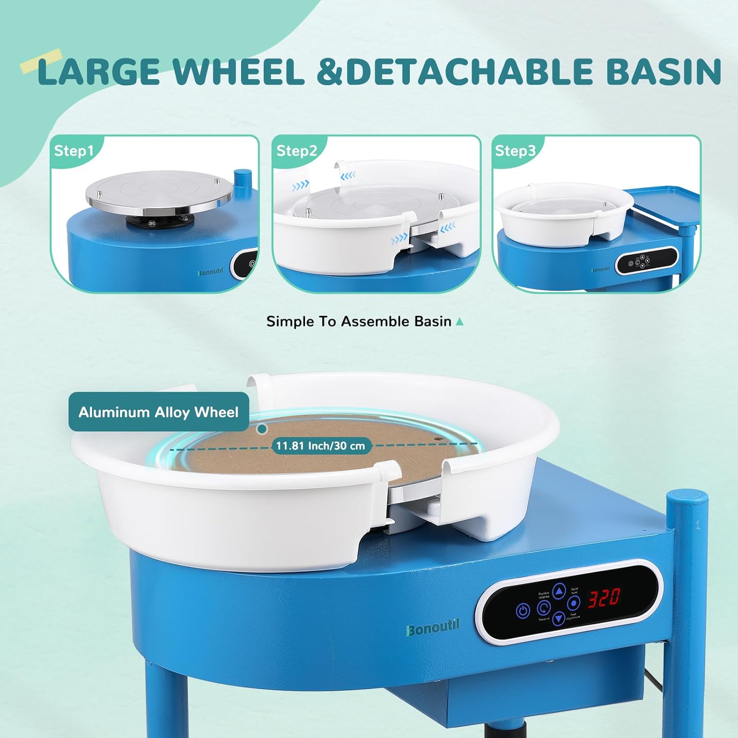 Bonoutil Pottery Wheel Machine-30cm/12in with Bat System LCD&Foot Pedal 0-320RPM Electric Ceramic Forming Wheel Adults Max 20 lbs Capacity 20PCS DIY Sculpting Tools