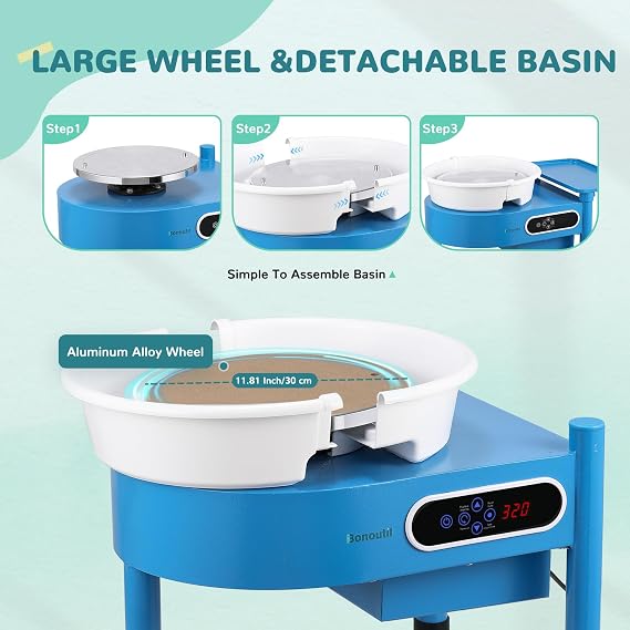 Bonoutil Pottery Wheel Machine-30cm/12in with Bat System LCD&Foot Pedal 0-320RPM Electric Ceramic Forming Wheel Adults Max 20 lbs Capacity 20PCS DIY Sculpting Tools