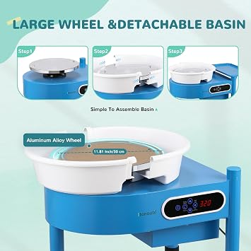Bonoutil Pottery Wheel Machine-30cm/12in with Bat System LCD&Foot Pedal 0-320RPM Electric Ceramic Forming Wheel Adults Max 20 lbs Capacity 20PCS DIY Sculpting Tools