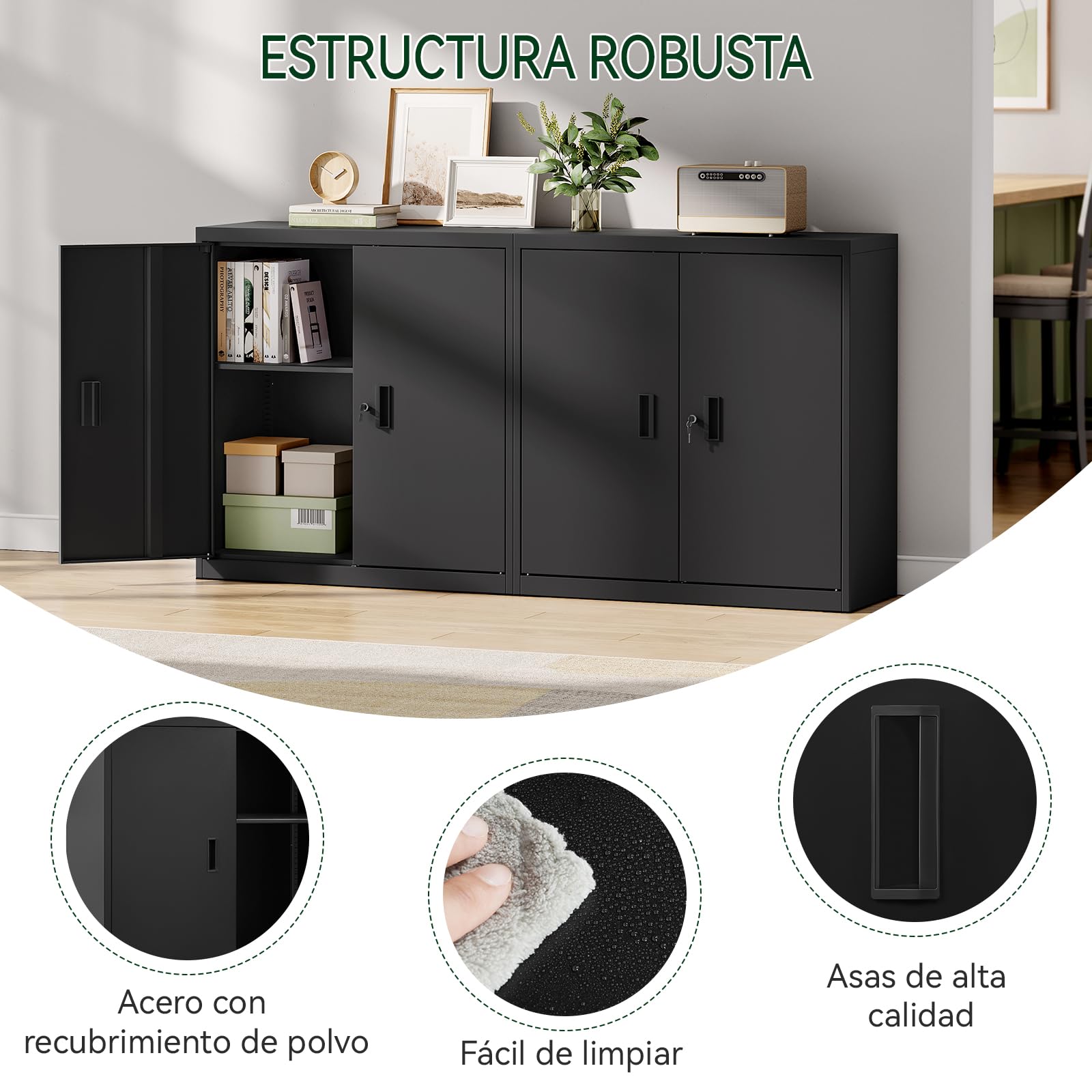 WOLTU Archivador Armario Oficina, Armario Metalico con Cerradura, Cajonera Escritorio Multiusos, Mueble Archivador 2 Puertas, Mueble Auxiliar para Oficina y Estudio, Negro, A90xA92xF40cm, ASK12sz