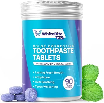 Whitebite Pro Color Correcting Purple Toothpaste Tablets with Nano Hydroxyapatite | Fresh Breath & Natural Whitening | Travel-Friendly Toothpaste & Mouthwash | Fluoride and Plastic-Free Peppermint