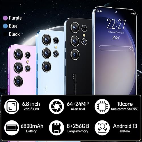 Miniatura 2 de ExAchat Teléfonos celulares desbloqueados 5G, teléfono inteligente con pantalla HD de 6.8 pulgadas, 8 GB+256 GB, 6800 mAh, cámara de 64 MP+24 MP,