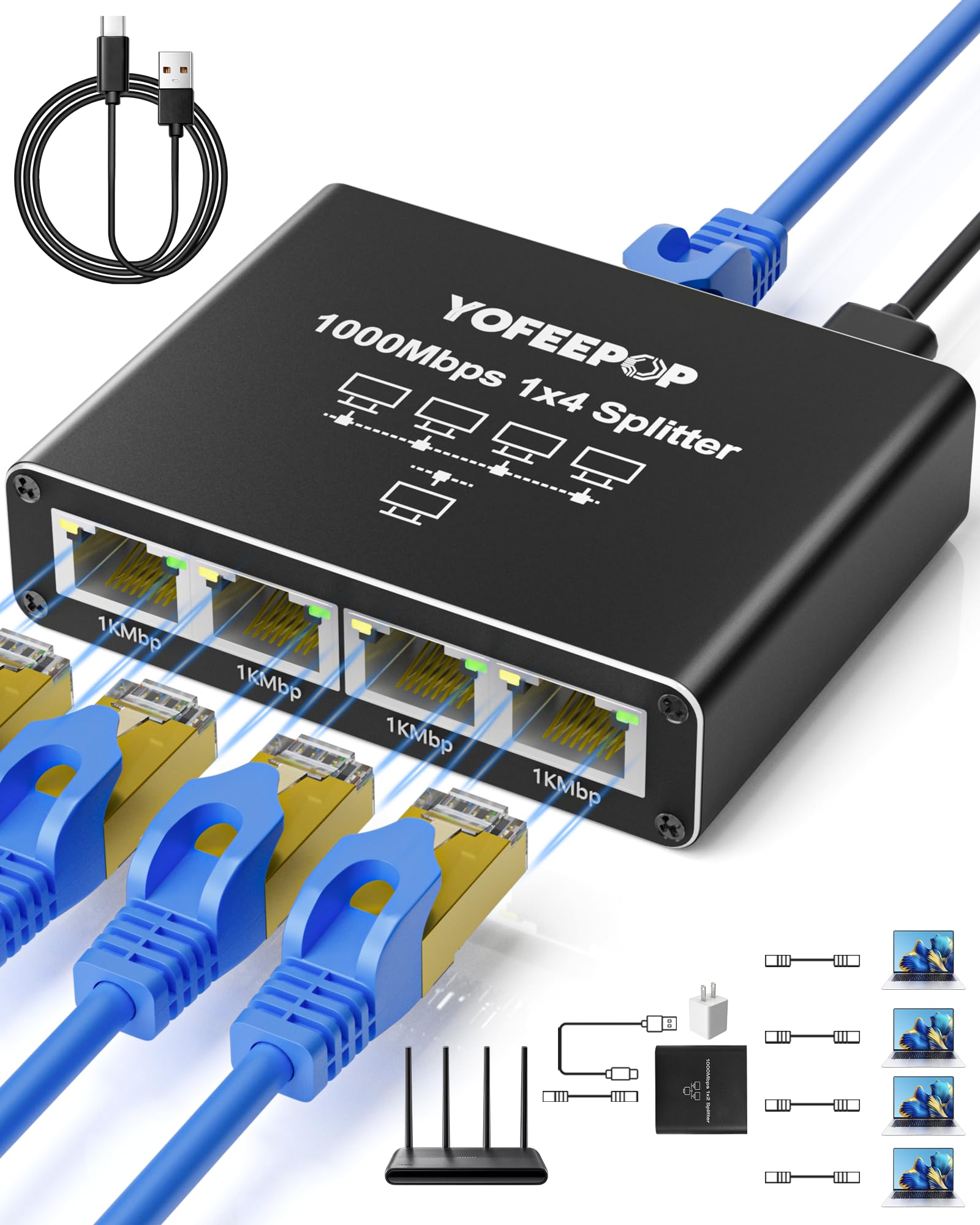 Internet Splitter 1 in 4 Out, Gigabit Ethernet LAN Splitter High Speed